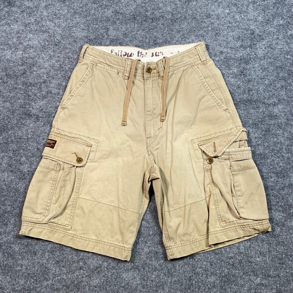 American Eagle Mens Khaki Cargo Shorts Size 29 Tan Cotton Drawstring Utility